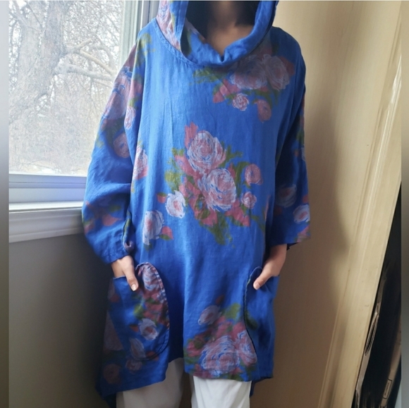 100% Linen In Floral Blue Hooded Tunic Pockets - Picture 8 of 8